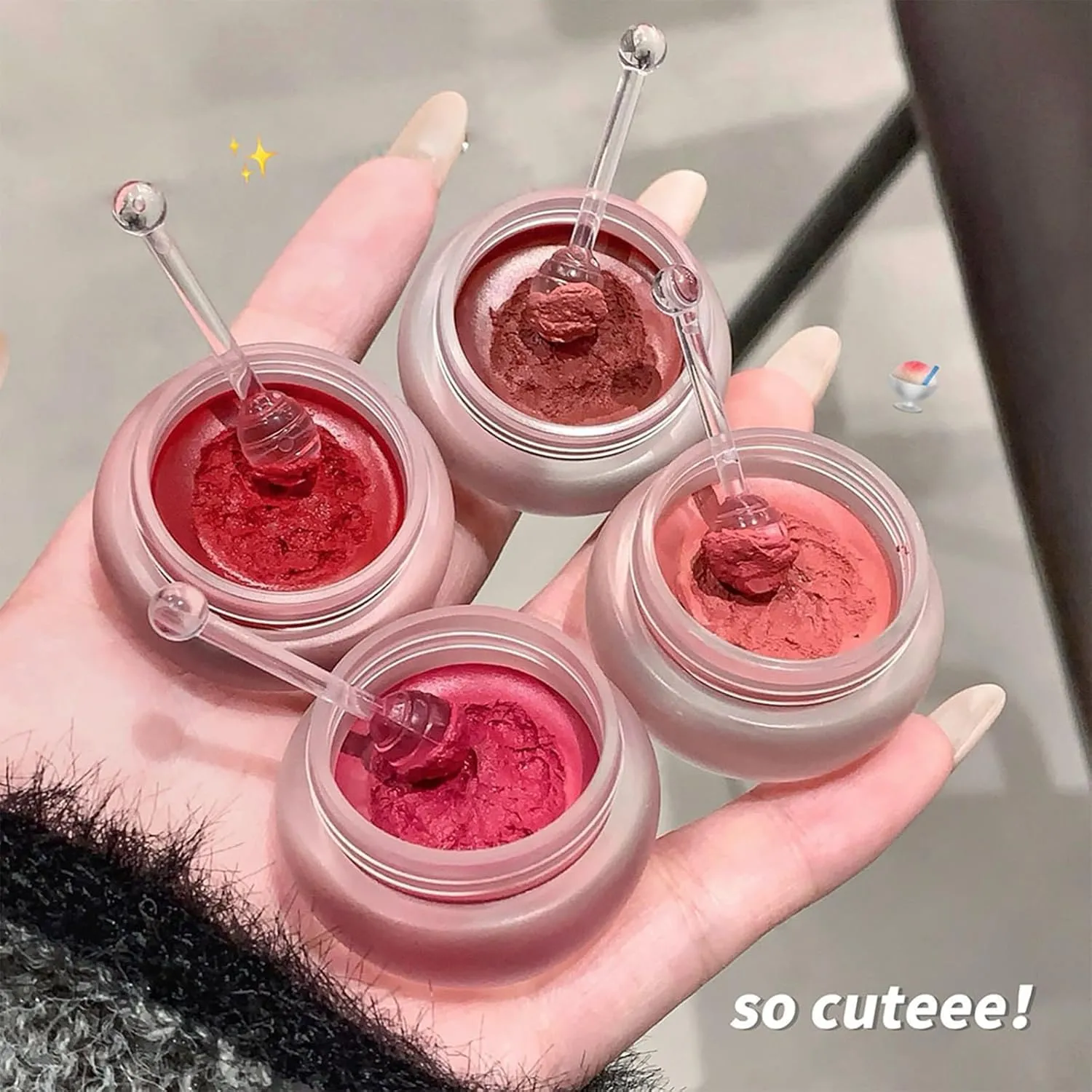 Lip&Cheek Blurry Pudding Pot with Keyring, Soft Matte Blush Blurry Makeup Blush Lipstick Multi-Use Natural Glow Face Blush Buildable Lip Tint High Pigment Long-Lasting (3pcs-b)