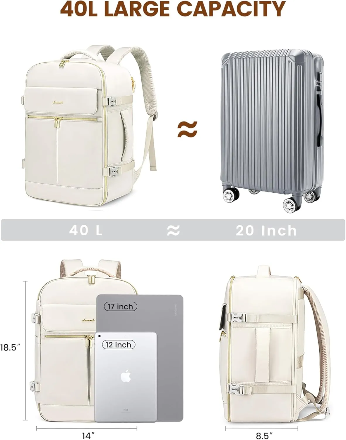 LOVEVOOK 40L Large Carry On Travel Backpack for Women, Flight Approved, Waterproof, TSA Compliant, Fits 17.3'' Laptop, Includes 3 Packing Cubes
