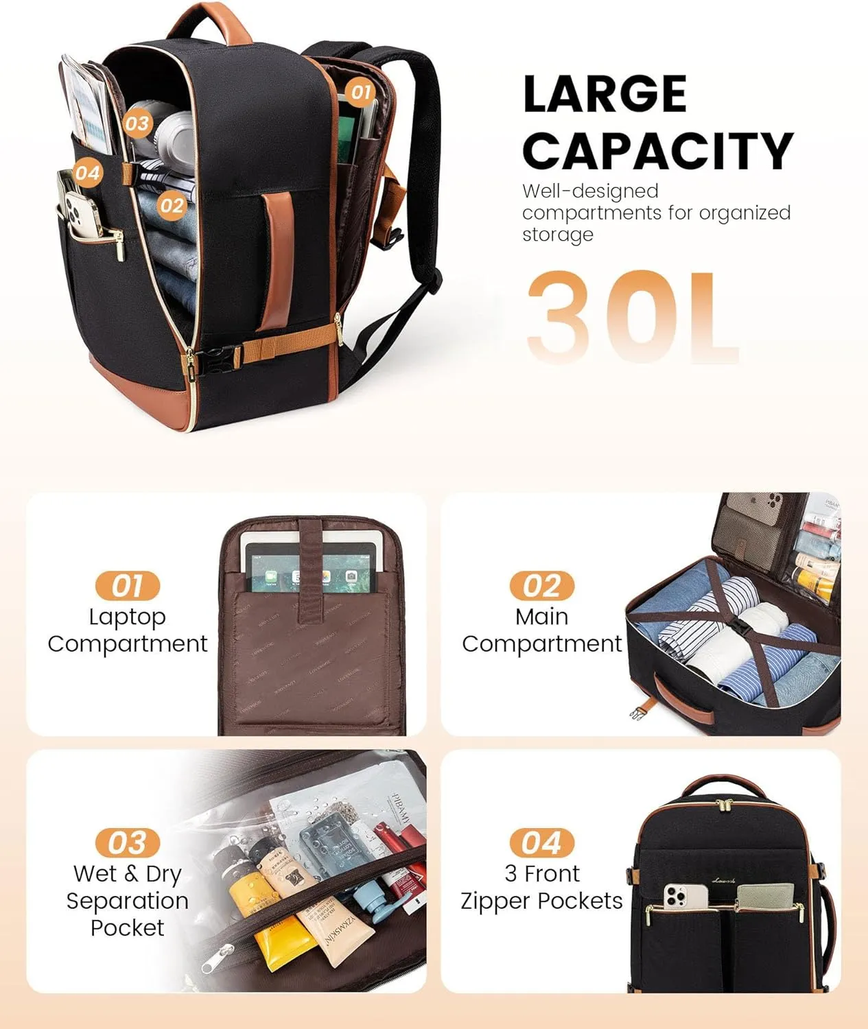 LOVEVOOK Carry On Backpack, 30L Travel Backpack Women with 3 Packing Cubes, TSA Airline Approved Suitcase Bag as Personal Item, Waterproof 15.6 inch Laptop Backpack for Weekender Overnight,Black-Brown