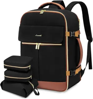 LOVEVOOK Carry On Backpack, 30L Travel Backpack Women with 3 Packing Cubes, TSA Airline Approved Suitcase Bag as Personal Item, Waterproof 15.6 inch Laptop Backpack for Weekender Overnight,Black-Brown