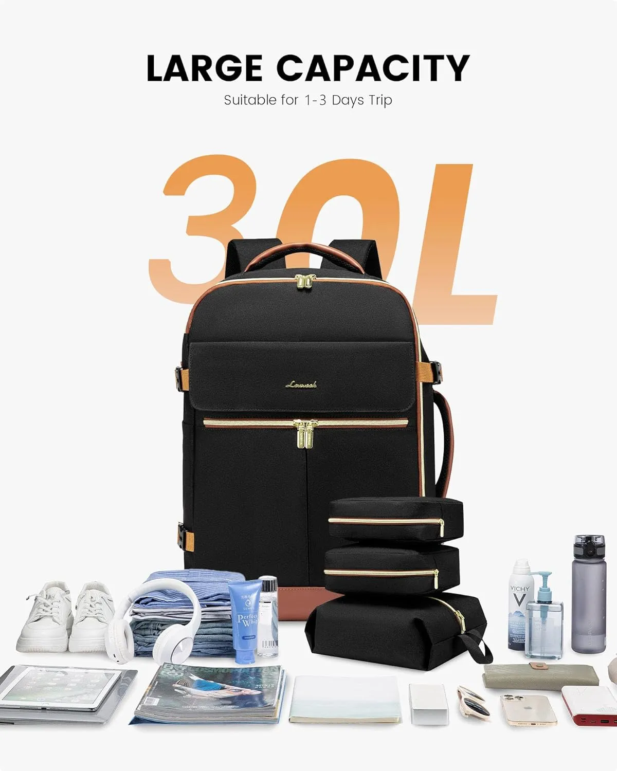 LOVEVOOK Carry On Backpack, 30L Travel Backpack Women with 3 Packing Cubes, TSA Airline Approved Suitcase Bag as Personal Item, Waterproof 15.6 inch Laptop Backpack for Weekender Overnight,Black-Brown