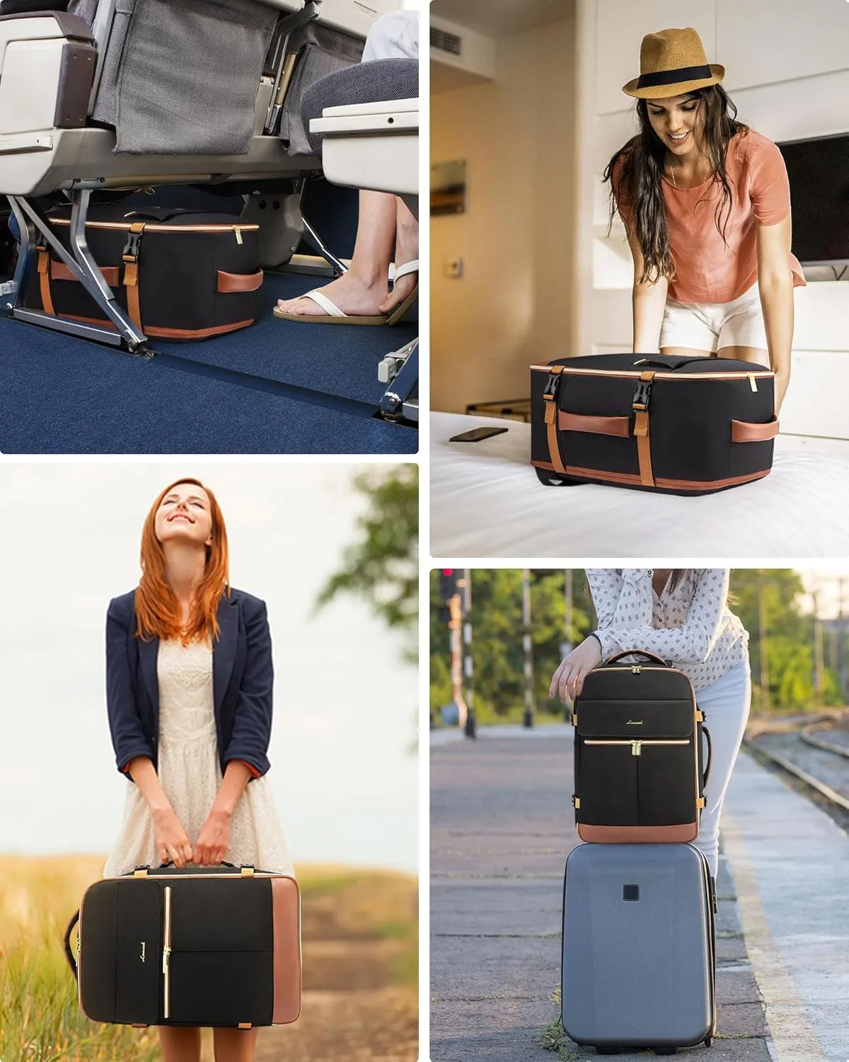 LOVEVOOK Carry On Backpack, 30L Travel Backpack Women with 3 Packing Cubes, TSA Airline Approved Suitcase Bag as Personal Item, Waterproof 15.6 inch Laptop Backpack for Weekender Overnight,Black-Brown