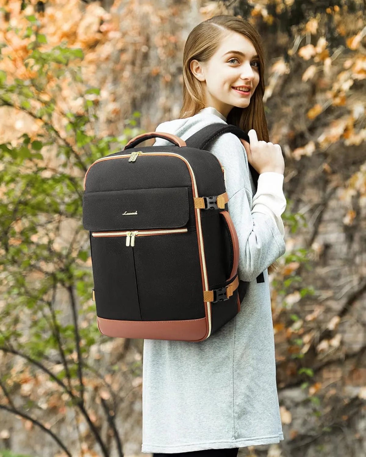 LOVEVOOK Carry On Backpack, 30L Travel Backpack Women with 3 Packing Cubes, TSA Airline Approved Suitcase Bag as Personal Item, Waterproof 15.6 inch Laptop Backpack for Weekender Overnight,Black-Brown