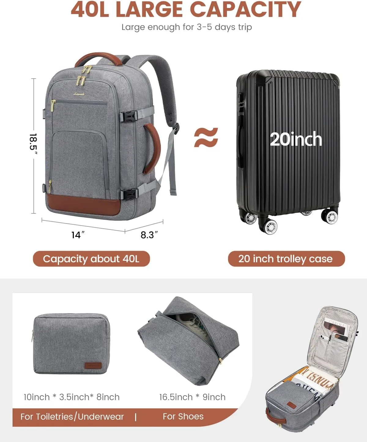 LOVEVOOK Carry On Travel Backpack For Women Flight Approved, 40L Large Personal Item Backpack Travel Bag for Airplanes, Business 17 Inch Laptop Backpack, Weekender Overnight Daypack, With 2 Cubes