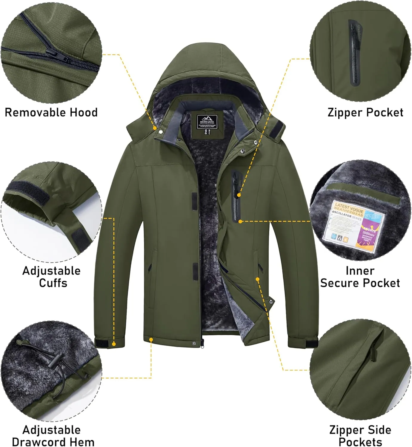 MAGCOMSEN Men's Winter Coats Ski Snow Rain Jackets Water Resistant with Hood Warm Fleece Parka Hiking Fishing Work