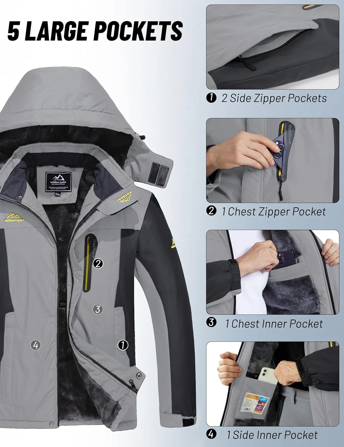 MAGCOMSEN Men's Winter Coats Water Resistant Snow Ski Jacket Fleece Lined Parka 5 Pockets