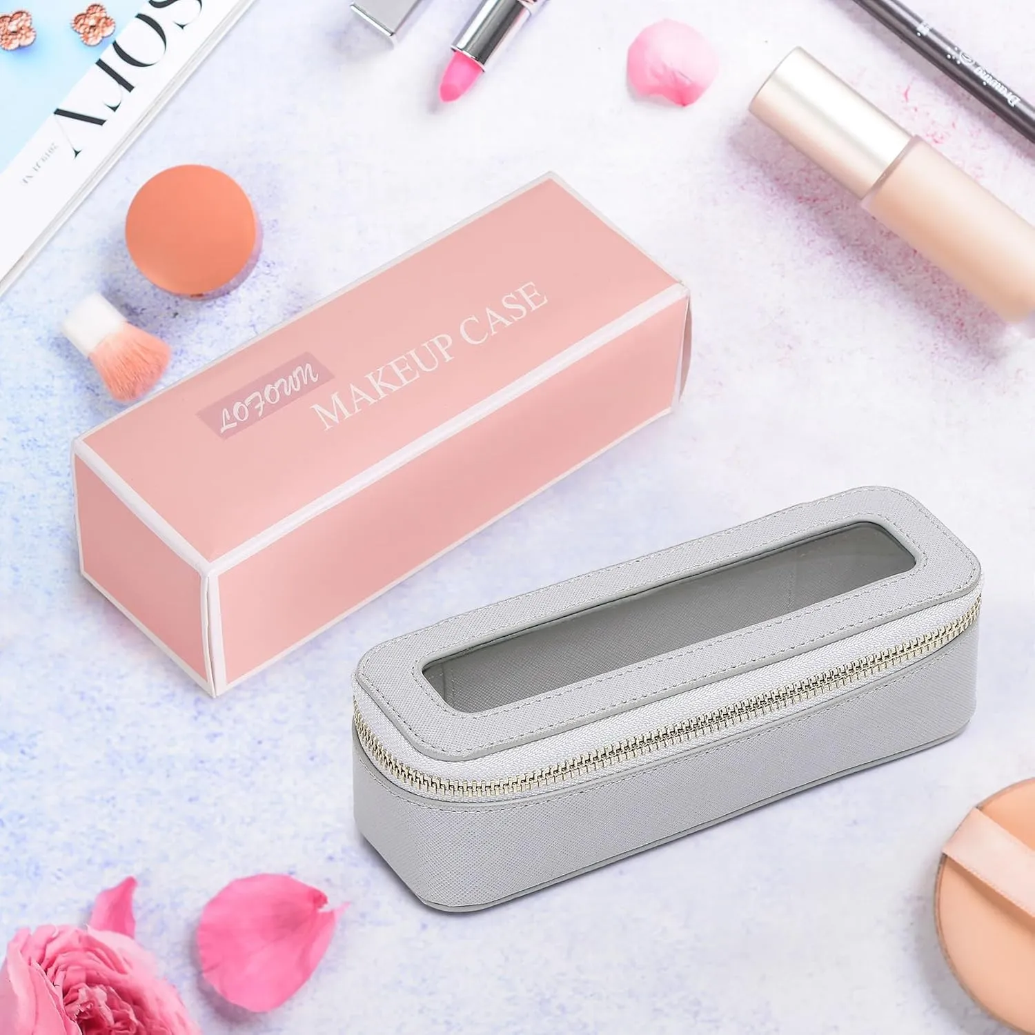 Makeup Brush Bag Slim Clear Makeup Bag Travel Cosmetic Case and Brush Holder Waterproof Toiletry Makeup Bag with Zipper Purse Organizer for Women (Gray, Slim)