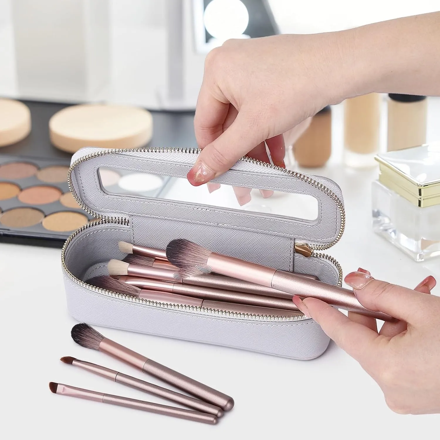 Makeup Brush Bag Slim Clear Makeup Bag Travel Cosmetic Case and Brush Holder Waterproof Toiletry Makeup Bag with Zipper Purse Organizer for Women (Gray, Slim)