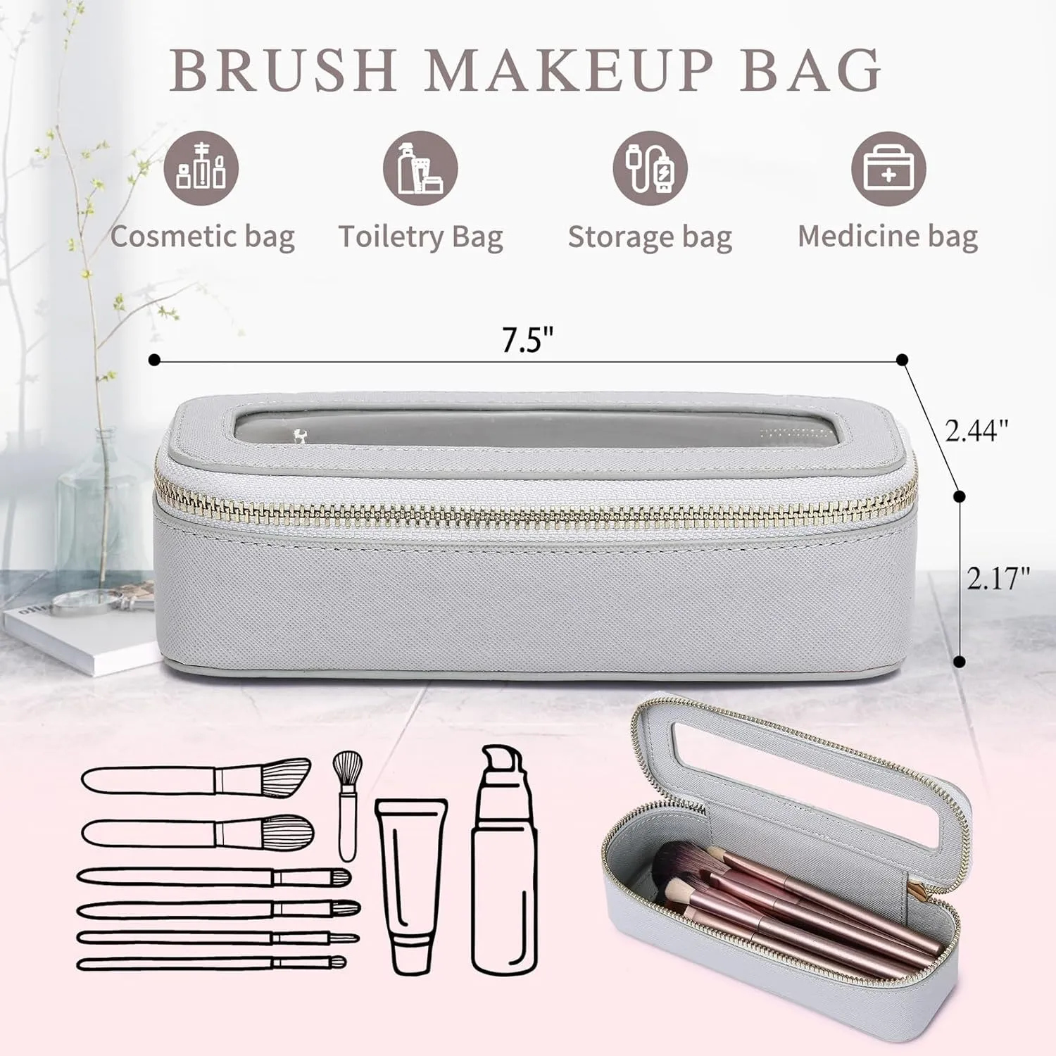 Makeup Brush Bag Slim Clear Makeup Bag Travel Cosmetic Case and Brush Holder Waterproof Toiletry Makeup Bag with Zipper Purse Organizer for Women (Gray, Slim)