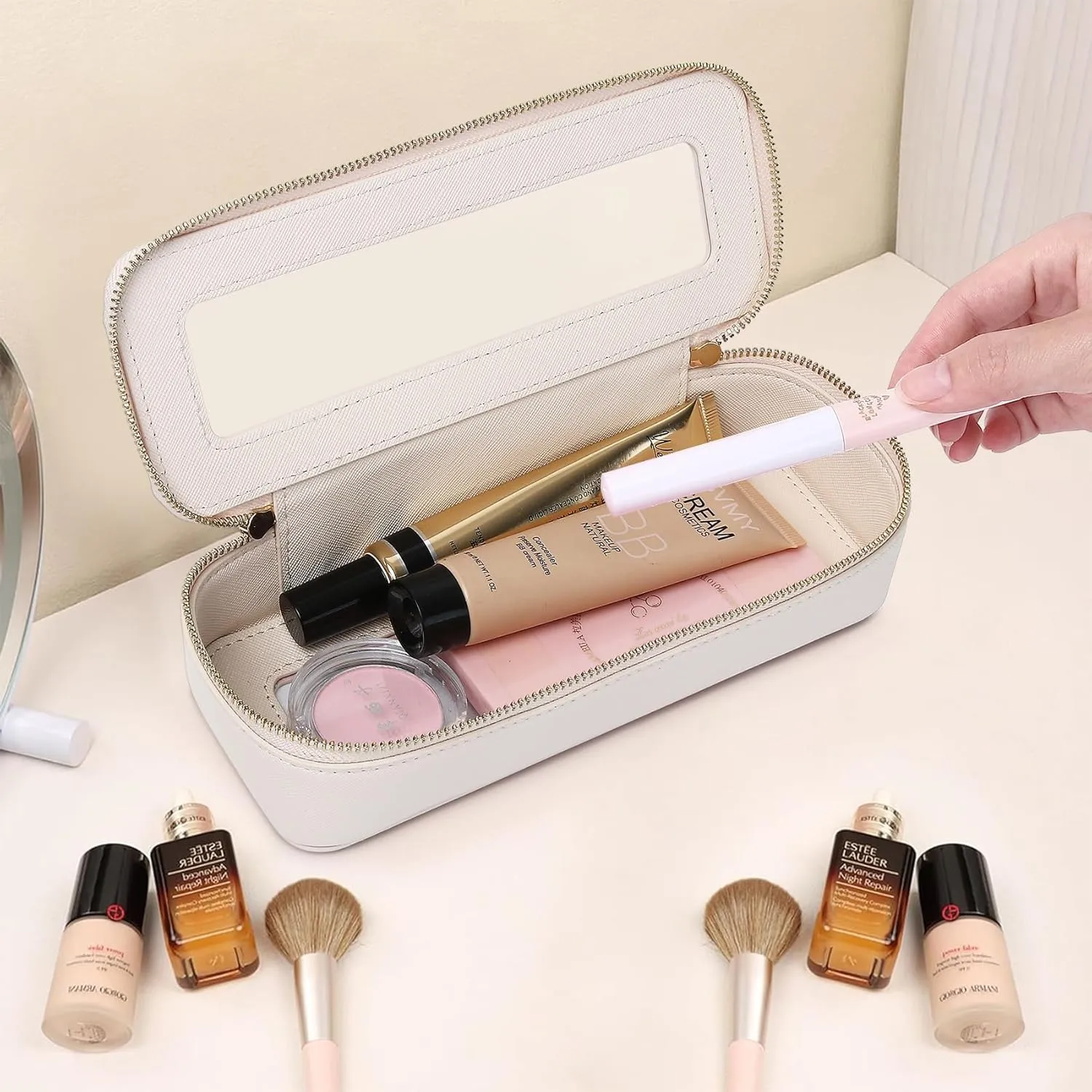 Makeup Brush Case Clear Travel Cosmetic & Toiletry Bag Small Makeup Bag with Zipper Purse Organizer Car Essential Bag for Women (Beige, SLIM)