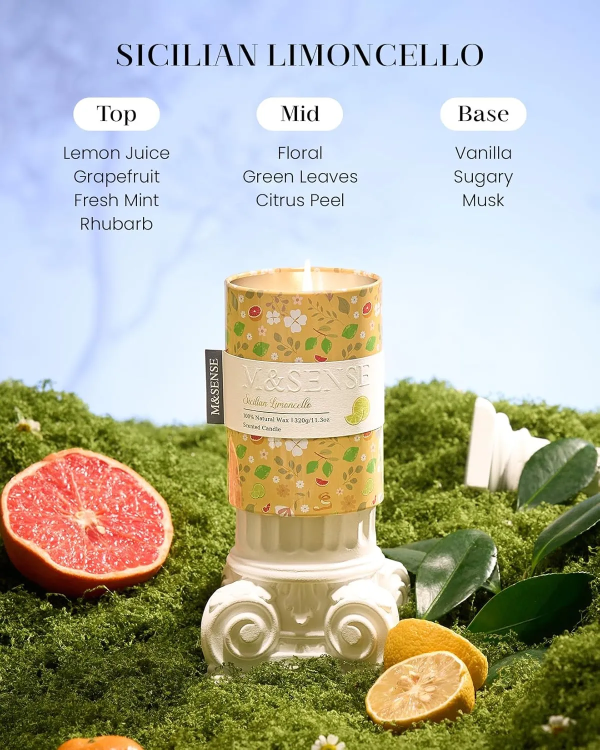 M&SENSE Sicilian Limoncello Scented Candle, Medium Jar Candle 11.3oz Natural Soy Wax for Home Scented, Floral Candles Gift for Spring Holiday, Up to 60 Hours Burning Long-Lasting Fragrance
