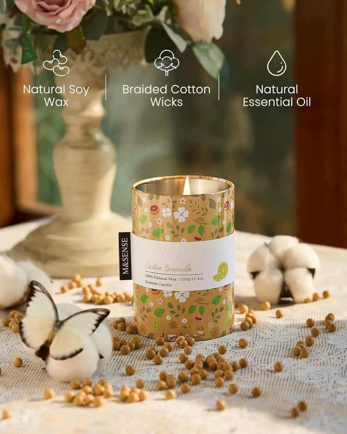 M&SENSE Sicilian Limoncello Scented Candle, Medium Jar Candle 11.3oz Natural Soy Wax for Home Scented, Floral Candles Gift for Spring Holiday, Up to 60 Hours Burning Long-Lasting Fragrance