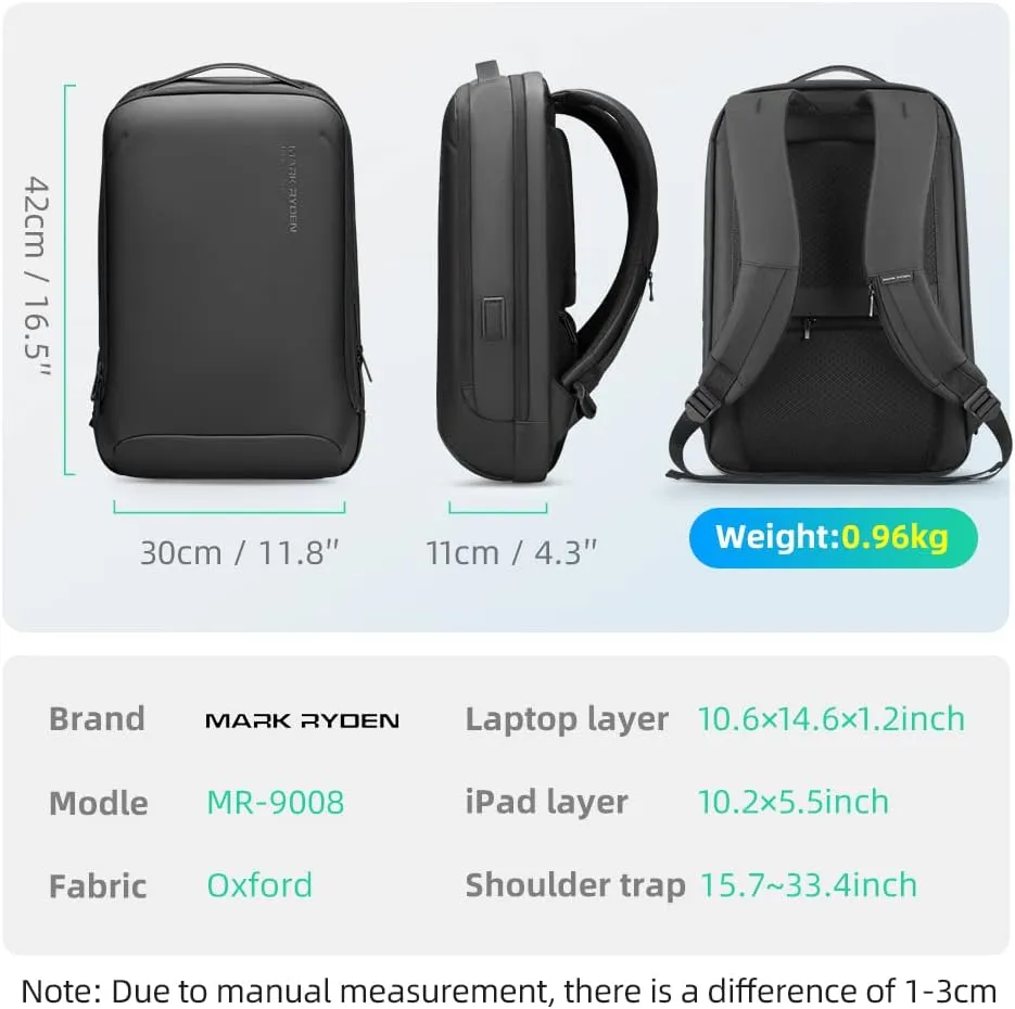 MARK RYDEN Slim Laptop Backpack for Men, High Tech Backpack with Scratch Resistant Shell and USB Charging Port, Waterproof Business Backpack Ideal for Working, Commuting, Daily
