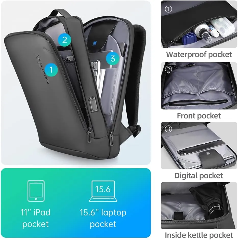 MARK RYDEN Slim Laptop Backpack for Men, High Tech Backpack with Scratch Resistant Shell and USB Charging Port, Waterproof Business Backpack Ideal for Working, Commuting, Daily