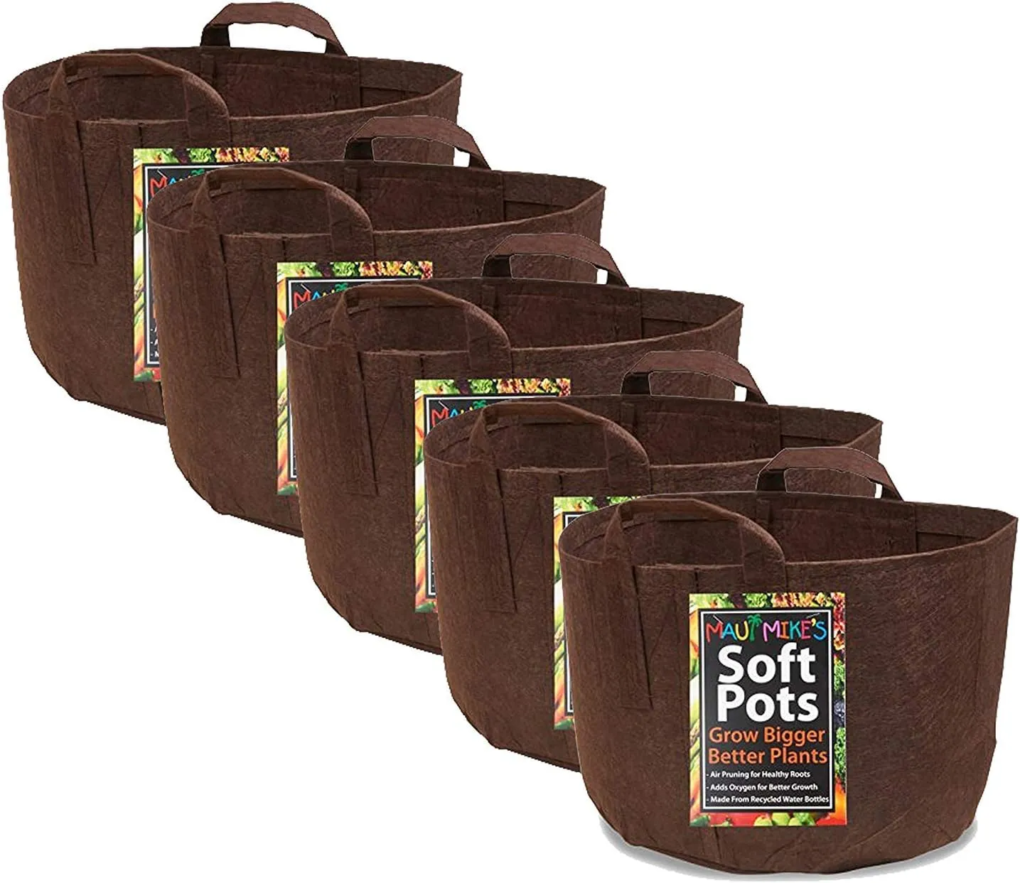 MAUI MIKE'S Soft POTS (3 Gallon) (5 Pack) Best Grow Bag Fabric Garden Pots from Thicker Material. Made from Recycled from Plastic Water Bottles.Lasts for Years.