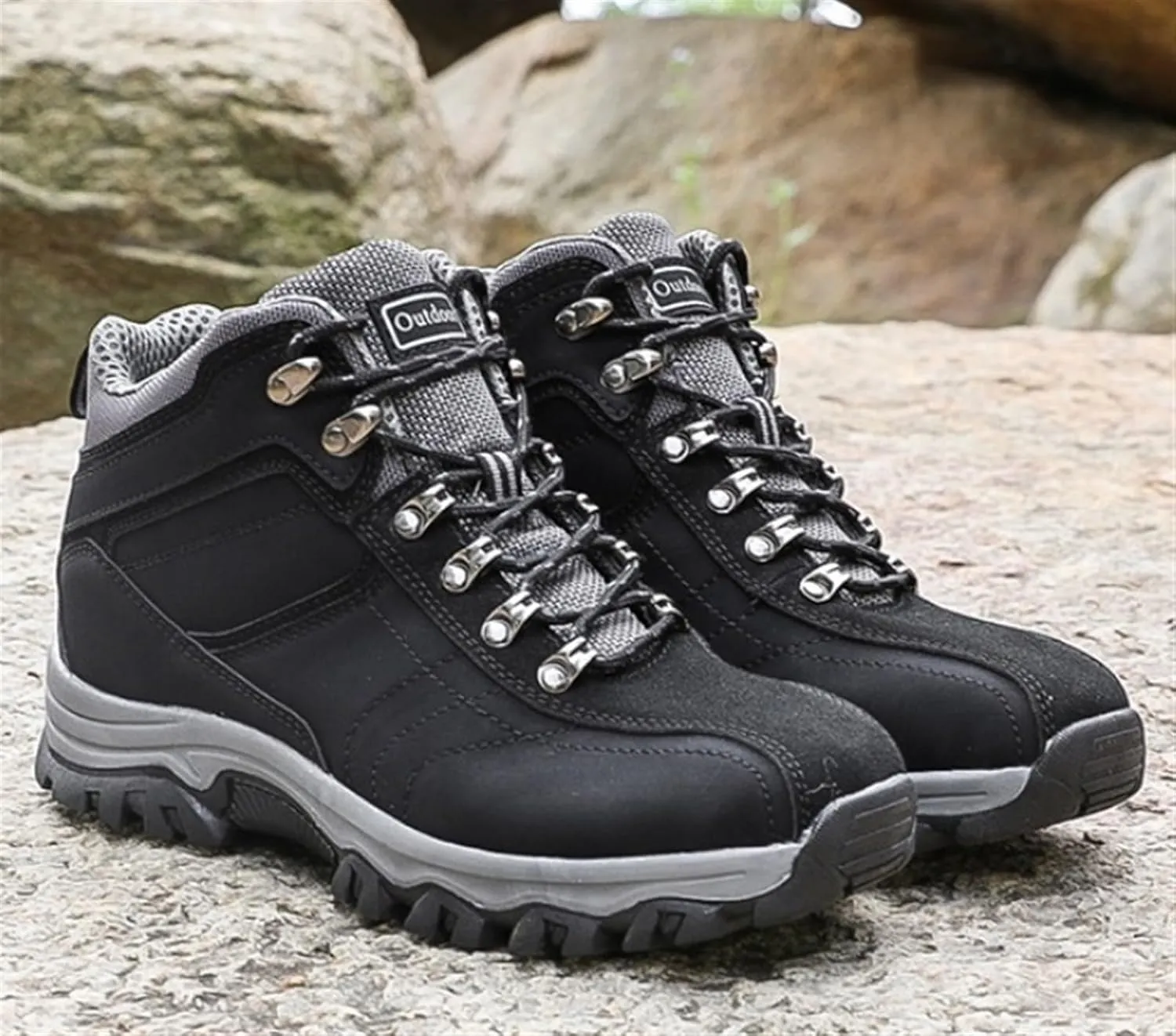 Men's Leather Lace Up Casual Hiking Boots Handmade Stitching Round Toe Outdoor Fashion High-top Sneakers Comfortable Lightweight Waterproof and Non-Slip Backpack Boots Trekking Ankle Boots for Men