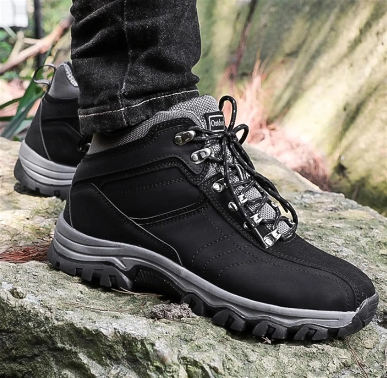 Men's Leather Lace Up Casual Hiking Boots Handmade Stitching Round Toe Outdoor Fashion High-top Sneakers Comfortable Lightweight Waterproof and Non-Slip Backpack Boots Trekking Ankle Boots for Men