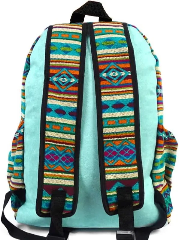 Mia Jewel Shop Large Aztec Tribal Striped Backpack – Cushioned Bookbag with Bottle Holder, Handmade Boho Travel Bag (Mint/Turquoise/Multi)