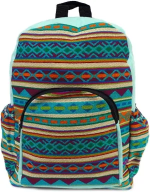 Mia Jewel Shop Large Aztec Tribal Striped Backpack – Cushioned Bookbag with Bottle Holder, Handmade Boho Travel Bag (Mint/Turquoise/Multi)