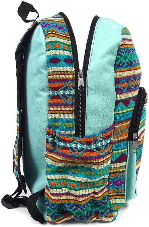Mia Jewel Shop Large Aztec Tribal Striped Backpack – Cushioned Bookbag with Bottle Holder, Handmade Boho Travel Bag (Mint/Turquoise/Multi)