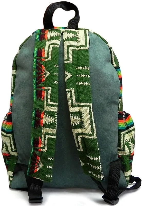 Mia Jewel Shop Large Aztec Tribal Striped Backpack – Cushioned Bookbag with Bottle Holder, Handmade Boho Travel Bag (Olive-Green/Multi)