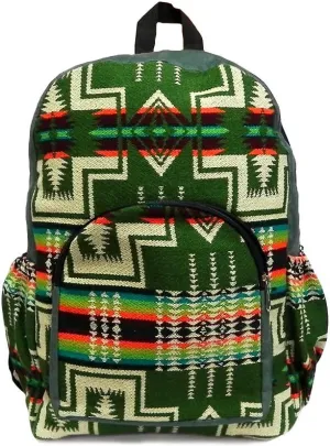 Mia Jewel Shop Large Aztec Tribal Striped Backpack – Cushioned Bookbag with Bottle Holder, Handmade Boho Travel Bag (Olive-Green/Multi)
