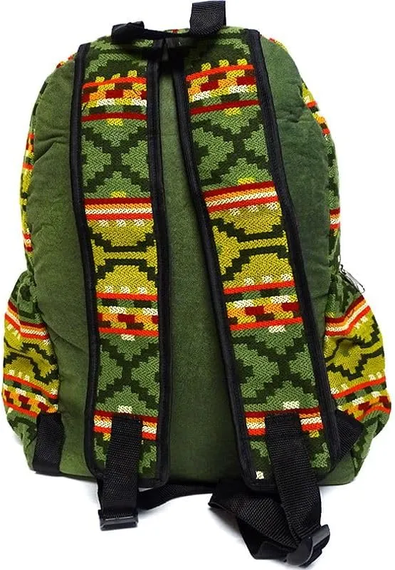 Mia Jewel Shop Large Aztec Tribal Striped Backpack – Cushioned Bookbag with Bottle Holder, Handmade Boho Travel Bag (Olive-Green/Orange)