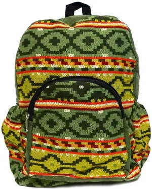 Mia Jewel Shop Large Aztec Tribal Striped Backpack – Cushioned Bookbag with Bottle Holder, Handmade Boho Travel Bag (Olive-Green/Orange)