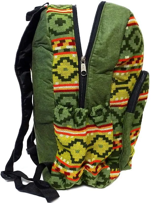 Mia Jewel Shop Large Aztec Tribal Striped Backpack – Cushioned Bookbag with Bottle Holder, Handmade Boho Travel Bag (Olive-Green/Orange)