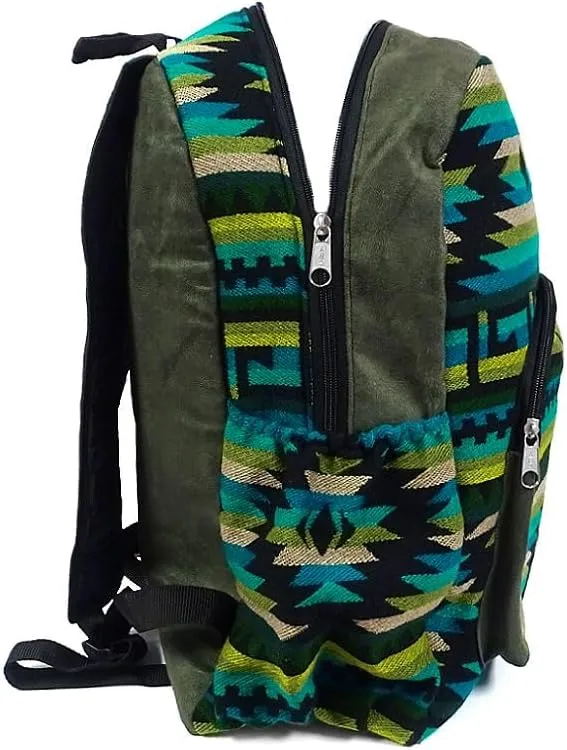 Mia Jewel Shop Large Aztec Tribal Striped Backpack – Cushioned Bookbag with Bottle Holder, Handmade Boho Travel Bag (Olive-Green/Teal/Black)