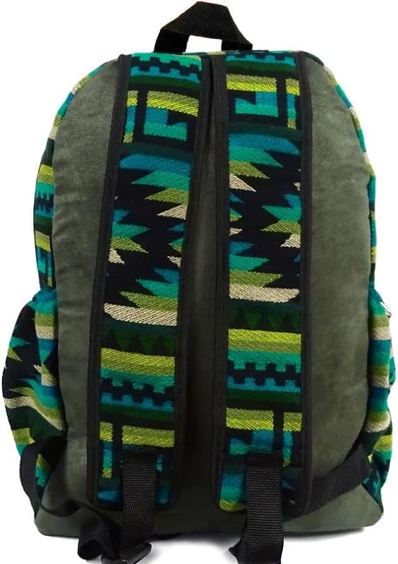 Mia Jewel Shop Large Aztec Tribal Striped Backpack – Cushioned Bookbag with Bottle Holder, Handmade Boho Travel Bag (Olive-Green/Teal/Black)