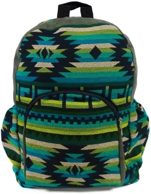 Mia Jewel Shop Large Aztec Tribal Striped Backpack – Cushioned Bookbag with Bottle Holder, Handmade Boho Travel Bag (Olive-Green/Teal/Black)