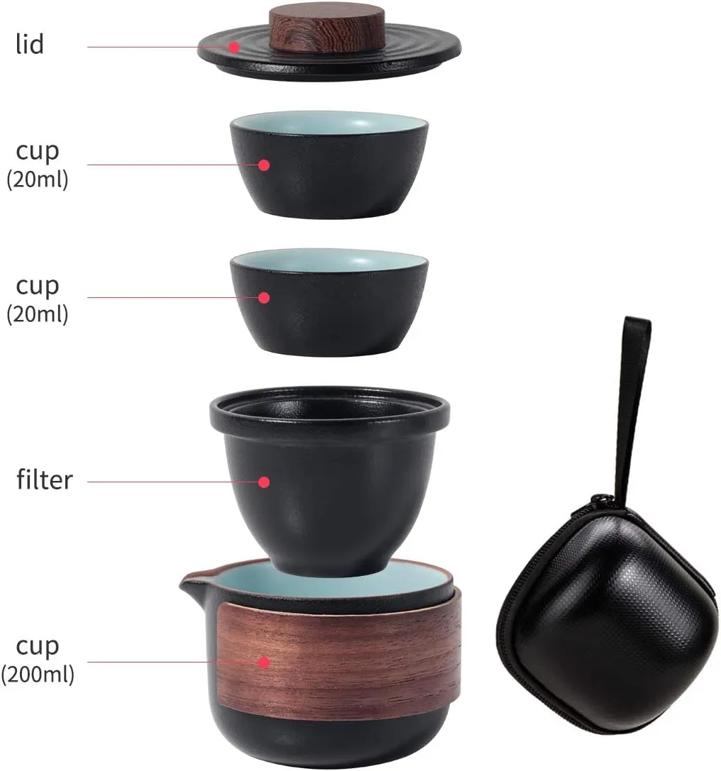 Mini Travel Ceramic Tea Pot Set Chinese Kung Fu Teapot, 1 Pot 2 Cups Porcelain Teacups with Tea Infuser Portable Bag for Outdoor Picnic (Black)
