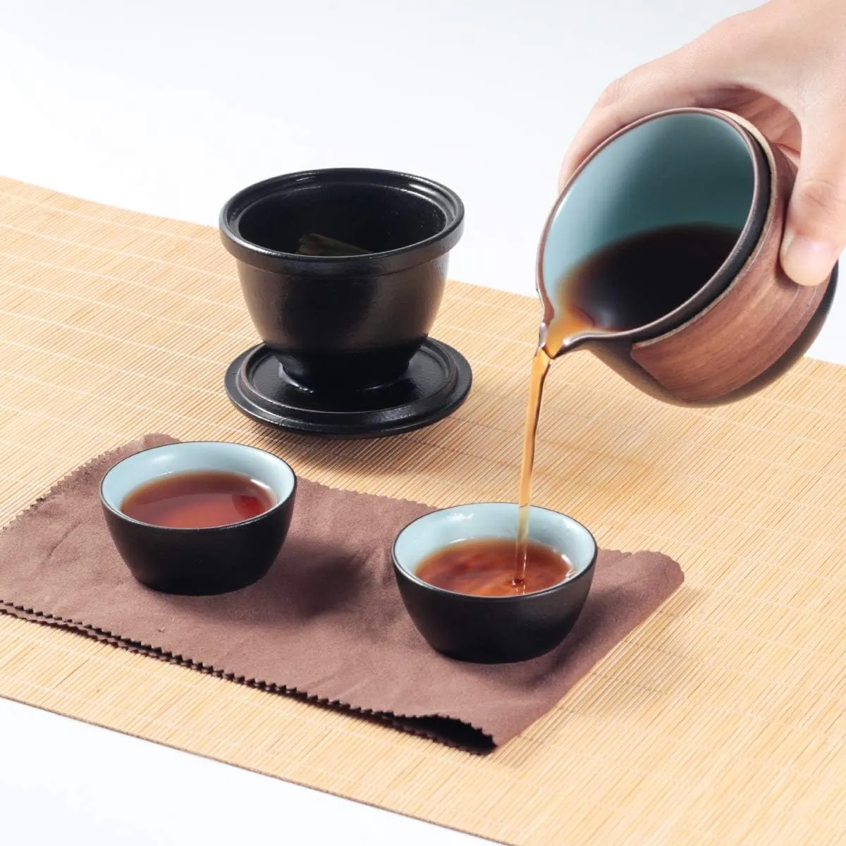 Mini Travel Ceramic Tea Pot Set Chinese Kung Fu Teapot, 1 Pot 2 Cups Porcelain Teacups with Tea Infuser Portable Bag for Outdoor Picnic (Black)