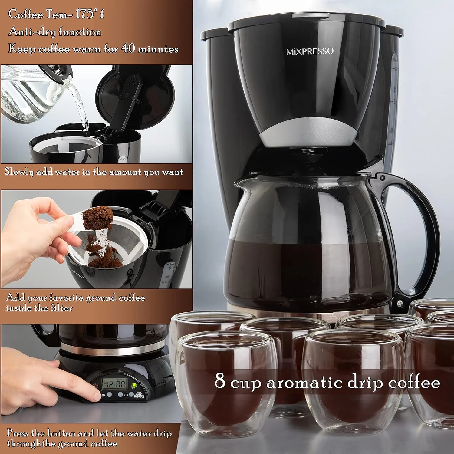 Mixpresso 8-Cup Drip Coffee Maker Programmable, Coffee Pot Machine Including Reusable & Removable Coffee Filter, Black Electric Coffee Maker