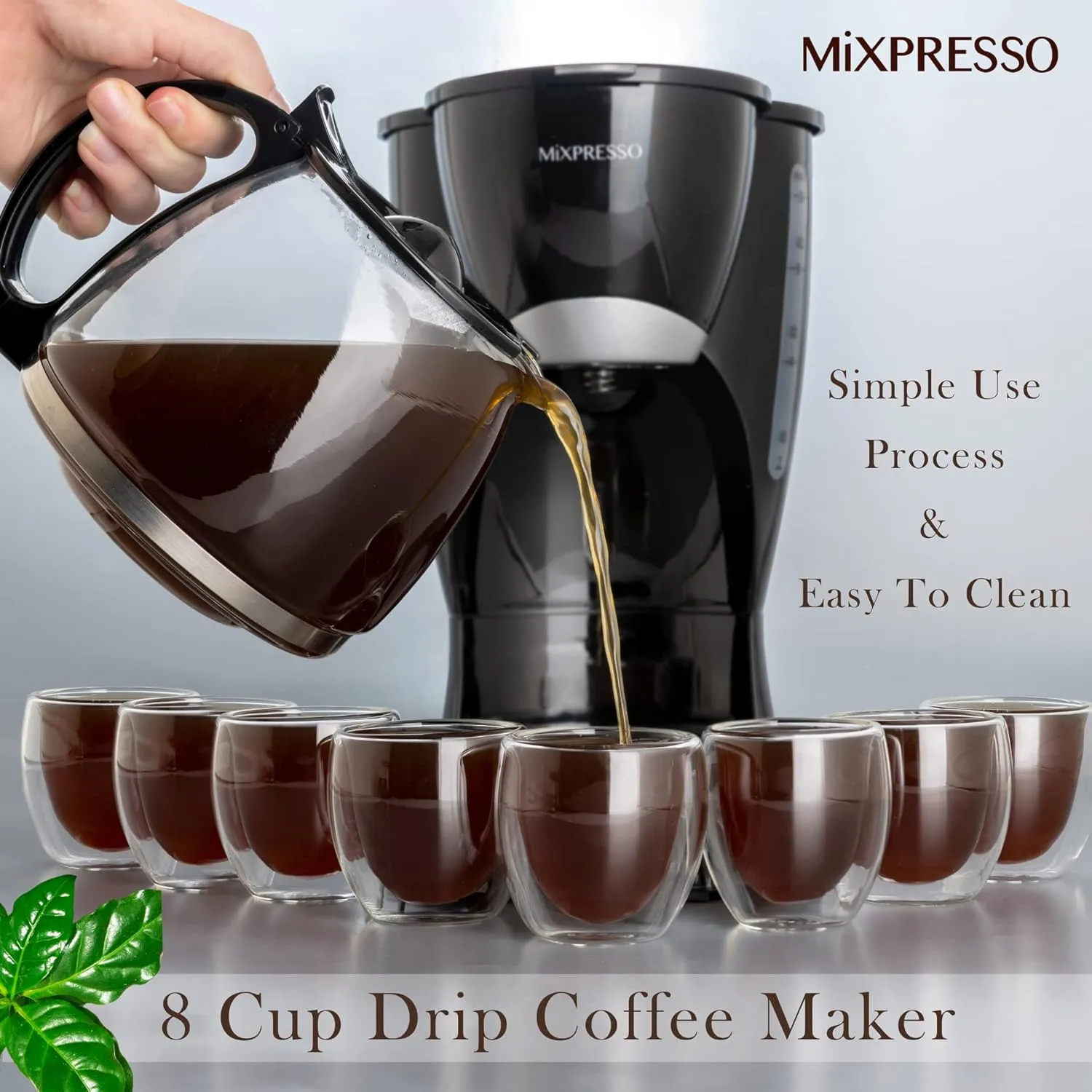 Mixpresso 8-Cup Drip Coffee Maker Programmable, Coffee Pot Machine Including Reusable & Removable Coffee Filter, Black Electric Coffee Maker