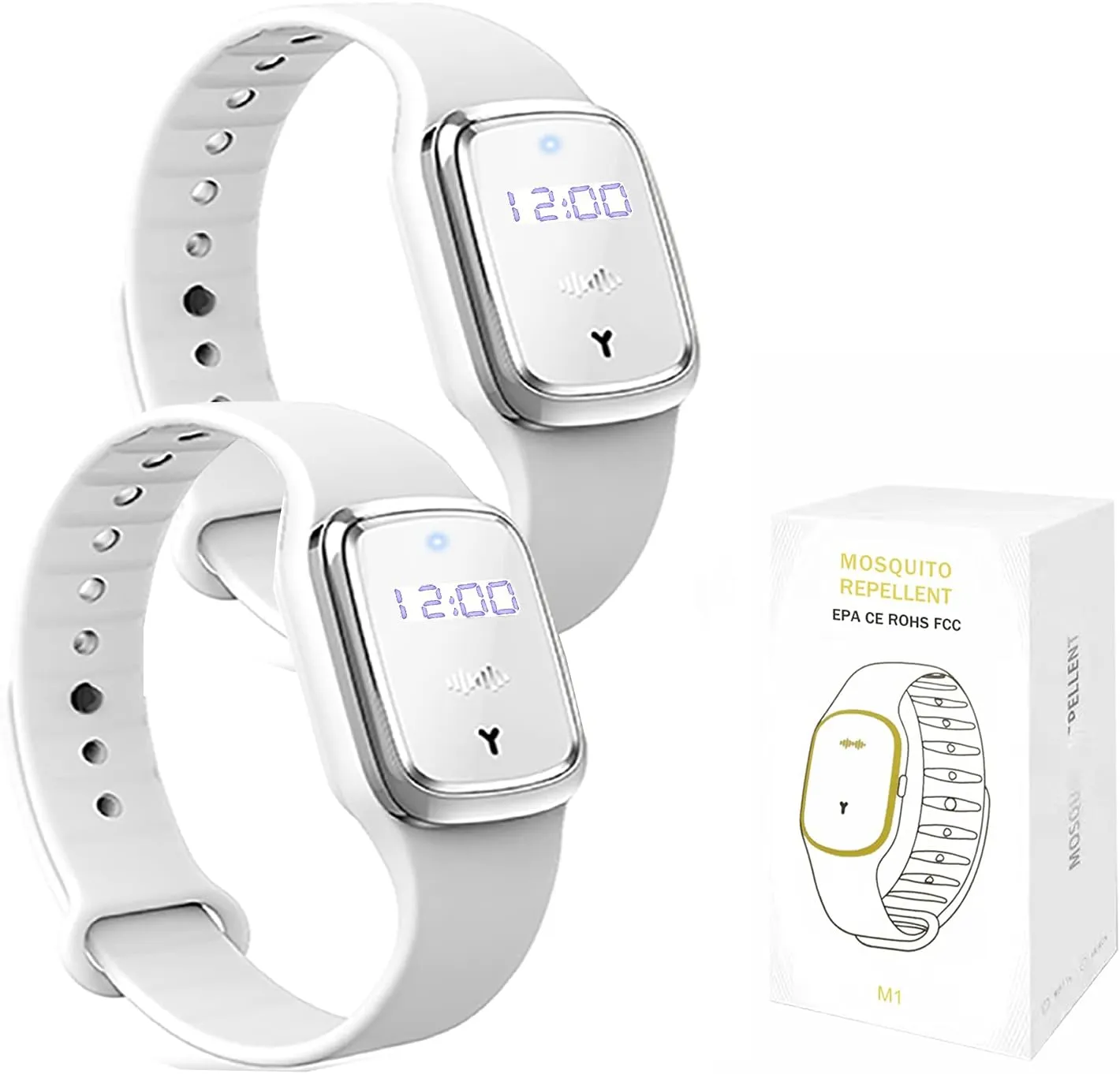 Mosquito Repellent Bracelet, Ultrasonic Mosquito Repellent Bracelet Electronic Watch with Clock Function USB Rechargeable Anti Mosquito Repeller Wristband (2 Pack, White)