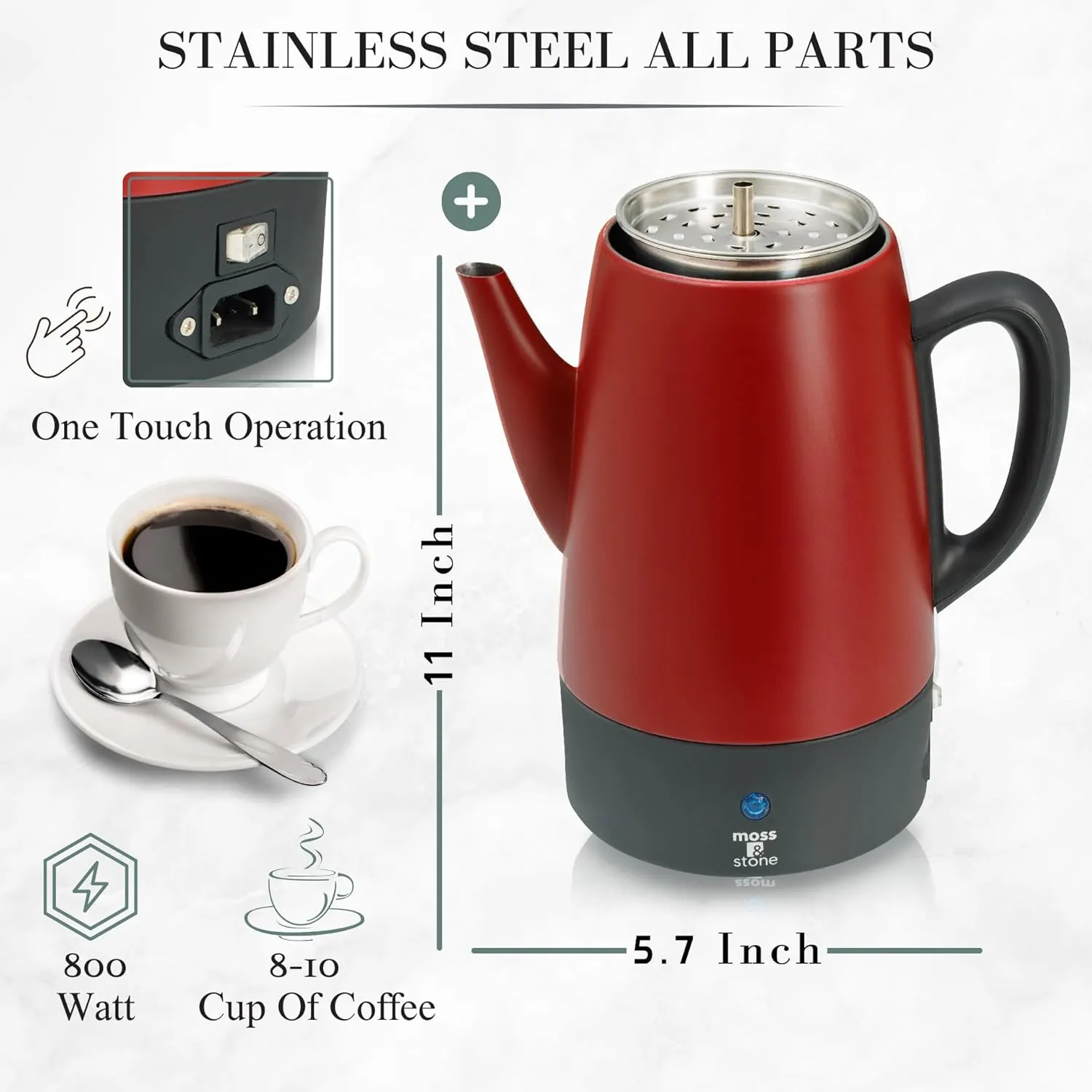 Moss & Stone Electric Coffee Percolator – Red Body Coffee Maker with Stainless Steel Lid, Percolator Electric Pot, Fast Boil 10 Cup Red Camping Coffee Pot