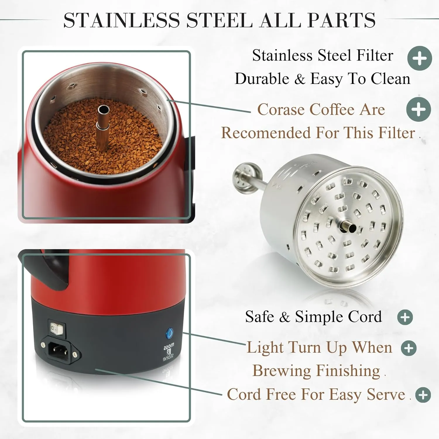 Moss & Stone Electric Coffee Percolator – Red Body Coffee Maker with Stainless Steel Lid, Percolator Electric Pot, Fast Boil 10 Cup Red Camping Coffee Pot