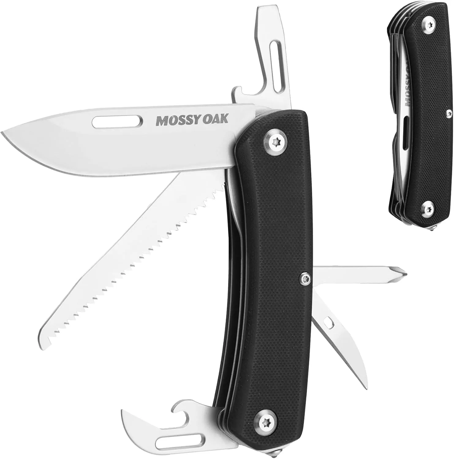 MOSSY OAK Multitool Pocket Knife, 10-in-1 Folding Pocket Knife Multitool with Stainless Steel Blade, Saw, Can Opener, Screwdrivers – EDC Tool for Camping, Hiking, Survival, Father Day Gifts