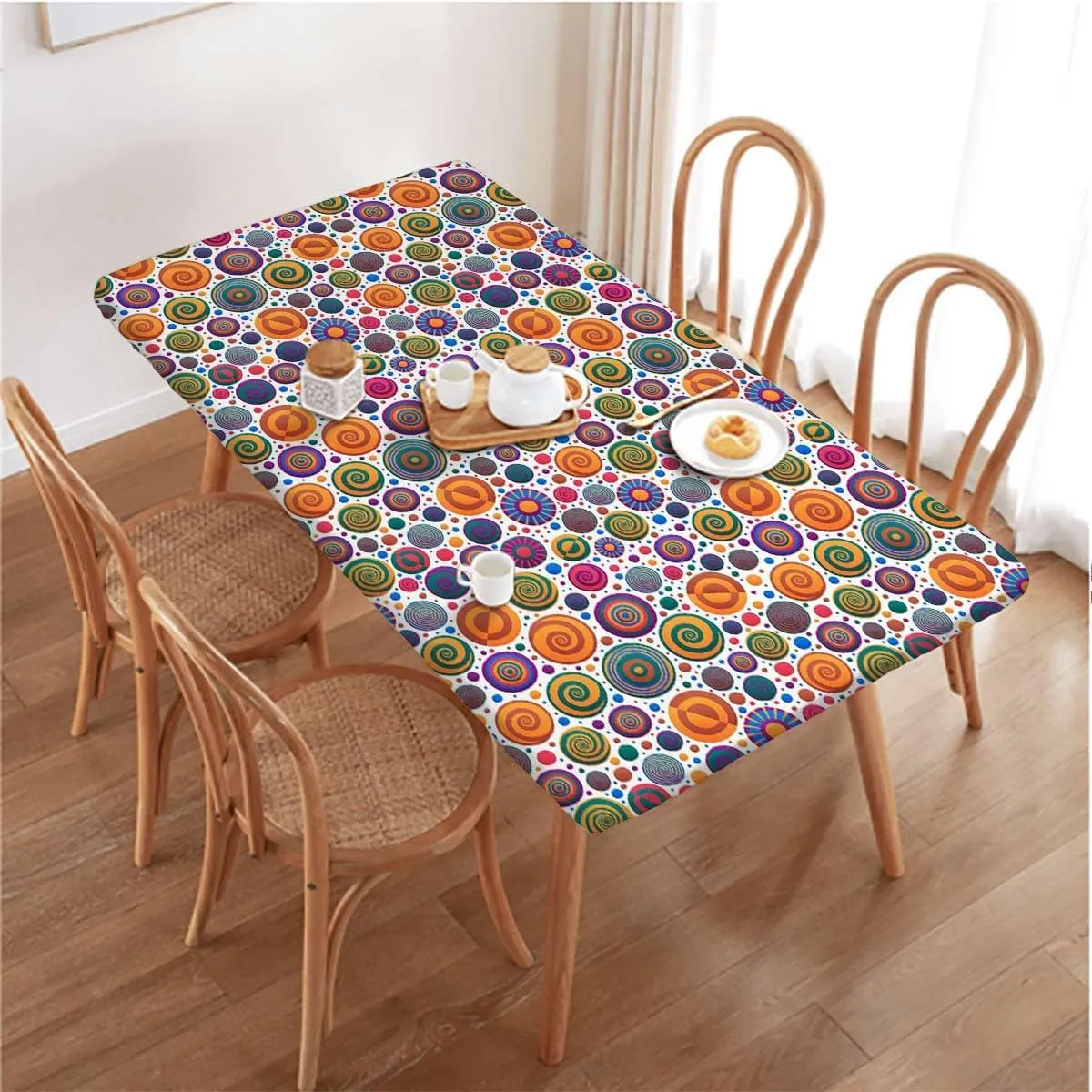 Multi Elastic Fitted Tablecloth Cute Childish Spirals with Funny Dots Bubbles Polyester Fitted Waterproof Outdoor Tablecloth Protector with Elastic Geometric Fits up 5 Foot Tables