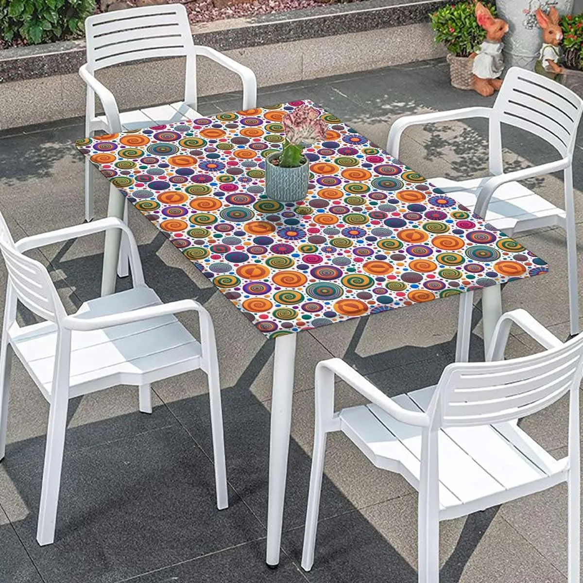 Multi Elastic Fitted Tablecloth Cute Childish Spirals with Funny Dots Bubbles Polyester Fitted Waterproof Outdoor Tablecloth Protector with Elastic Geometric Fits up 5 Foot Tables