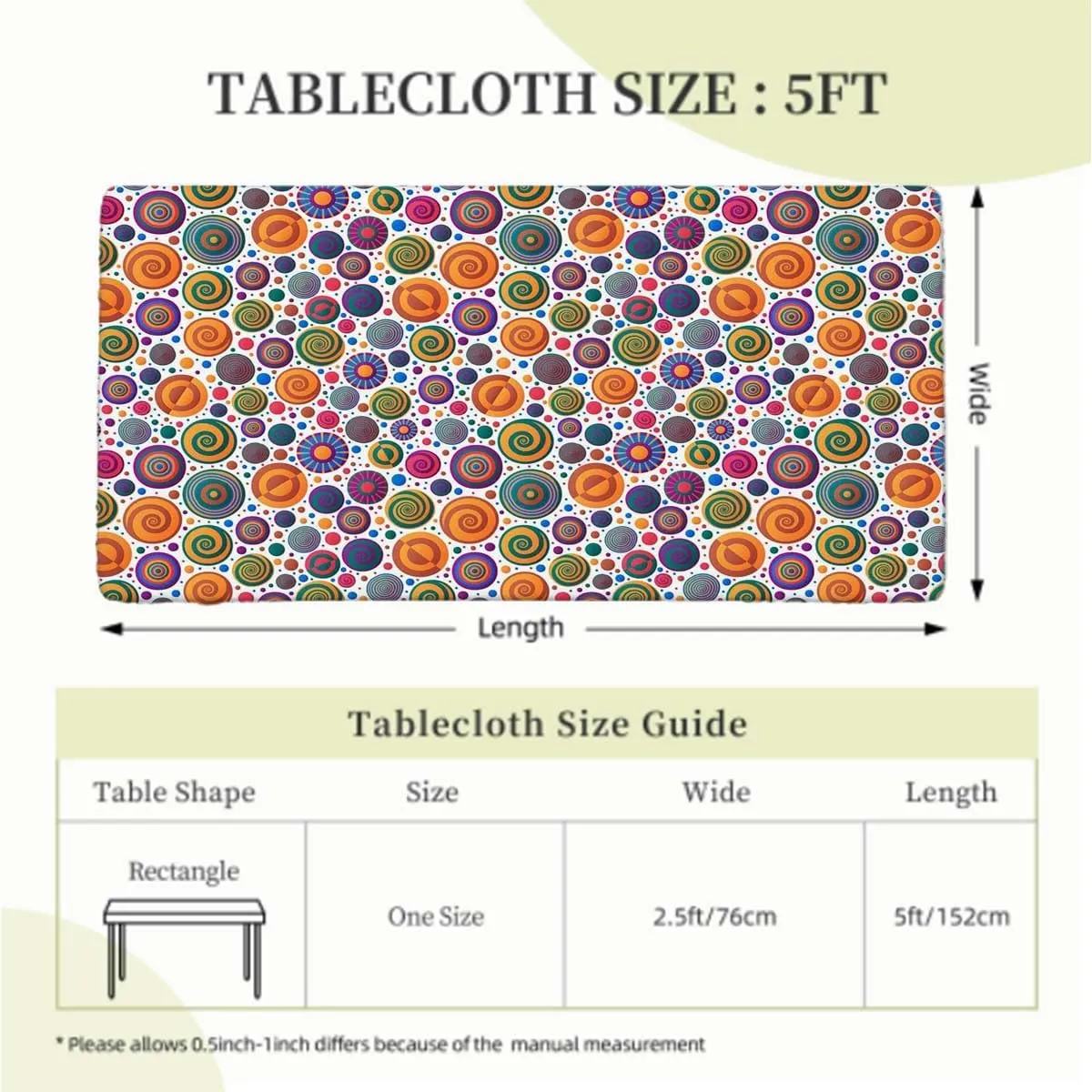 Multi Elastic Fitted Tablecloth Cute Childish Spirals with Funny Dots Bubbles Polyester Fitted Waterproof Outdoor Tablecloth Protector with Elastic Geometric Fits up 5 Foot Tables