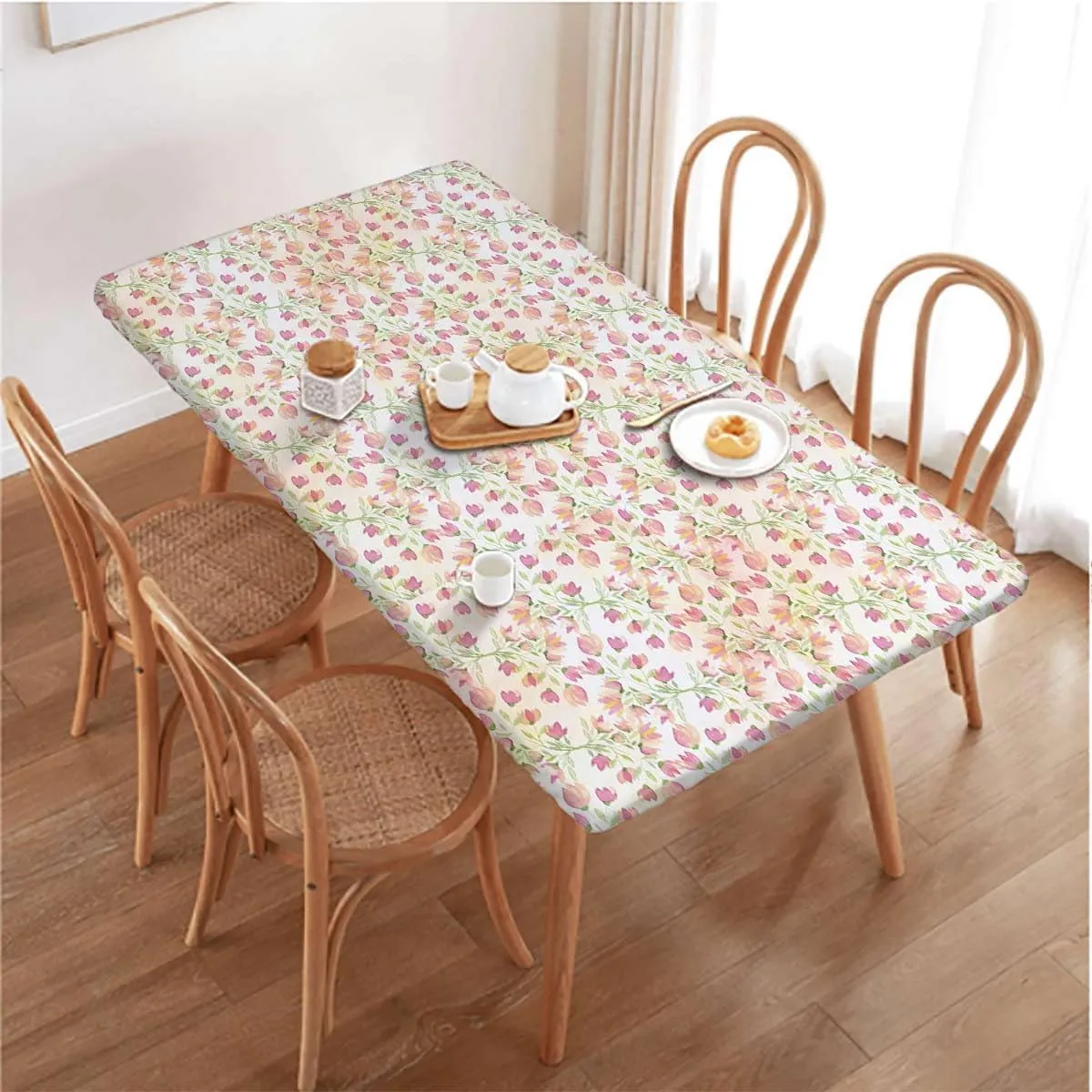 Multi Rectangle Tablecloth, Nostalgic Floral Set Spring Hope Leaf Love Theme Polyester Fitted Waterproof Outdoor Tablecloth Flower Fits up 4 Foot Tables