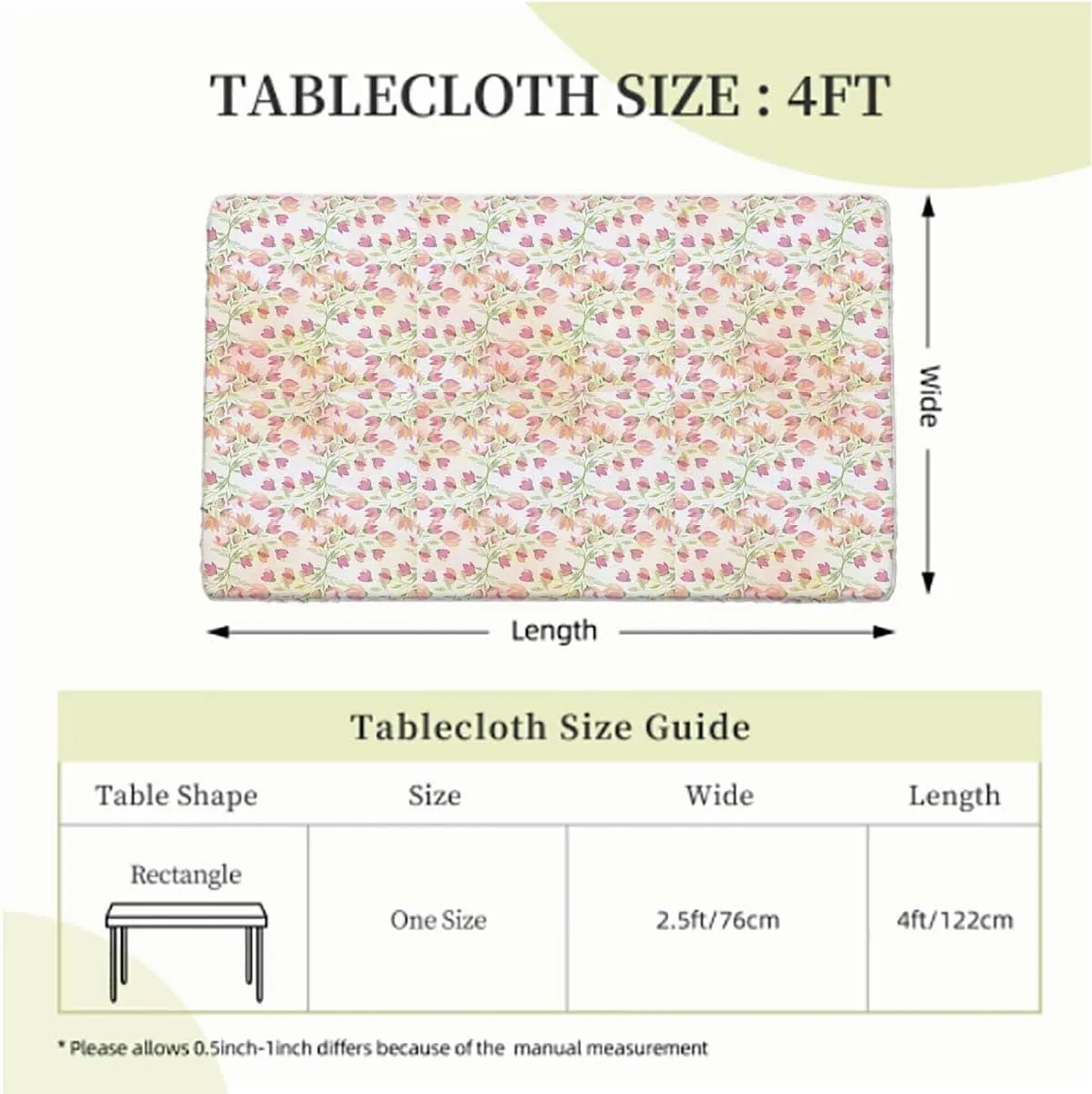 Multi Rectangle Tablecloth, Nostalgic Floral Set Spring Hope Leaf Love Theme Polyester Fitted Waterproof Outdoor Tablecloth Flower Fits up 4 Foot Tables