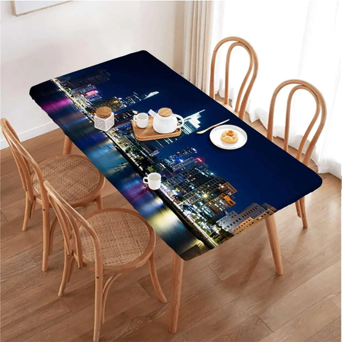 Multicolor Elastic Edge Fitted Tablecloth, Sunset New York Cityscape High Buildings Waterproof Elastic Fitted Table Covers,Camping, Indoor, Outdoor Urban Fits up 5 Foot Tables