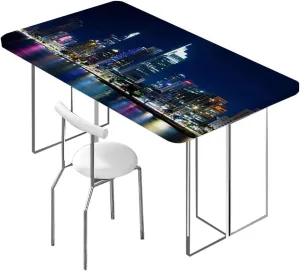 Multicolor Elastic Edge Fitted Tablecloth, Sunset New York Cityscape High Buildings Waterproof Elastic Fitted Table Covers,Camping, Indoor, Outdoor Urban Fits up 5 Foot Tables