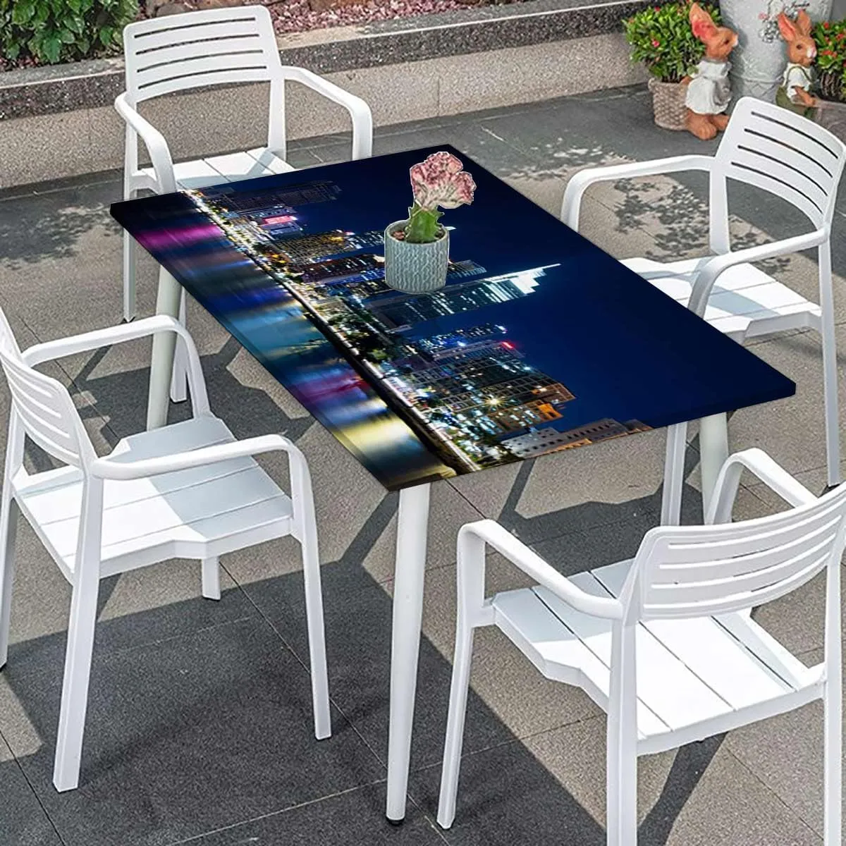 Multicolor Elastic Edge Fitted Tablecloth, Sunset New York Cityscape High Buildings Waterproof Elastic Fitted Table Covers,Camping, Indoor, Outdoor Urban Fits up 5 Foot Tables