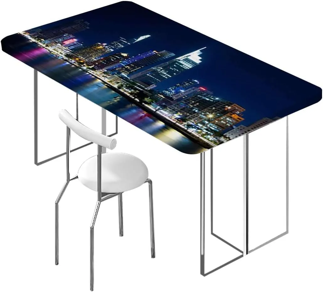 Multicolor Elastic Edge Fitted Tablecloth, Sunset New York Cityscape High Buildings Waterproof Elastic Fitted Table Covers,Camping, Indoor, Outdoor Urban Fits up 5 Foot Tables