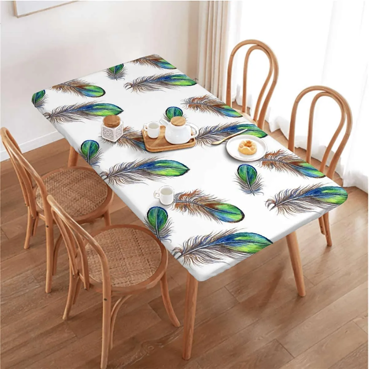 Multicolor Fitted Tablecloth Cover, Feathers in Vibrant Colors Tablecloth Fitted Table Cloth Rectangle Table Bohemian Fits up 4 Foot Tables